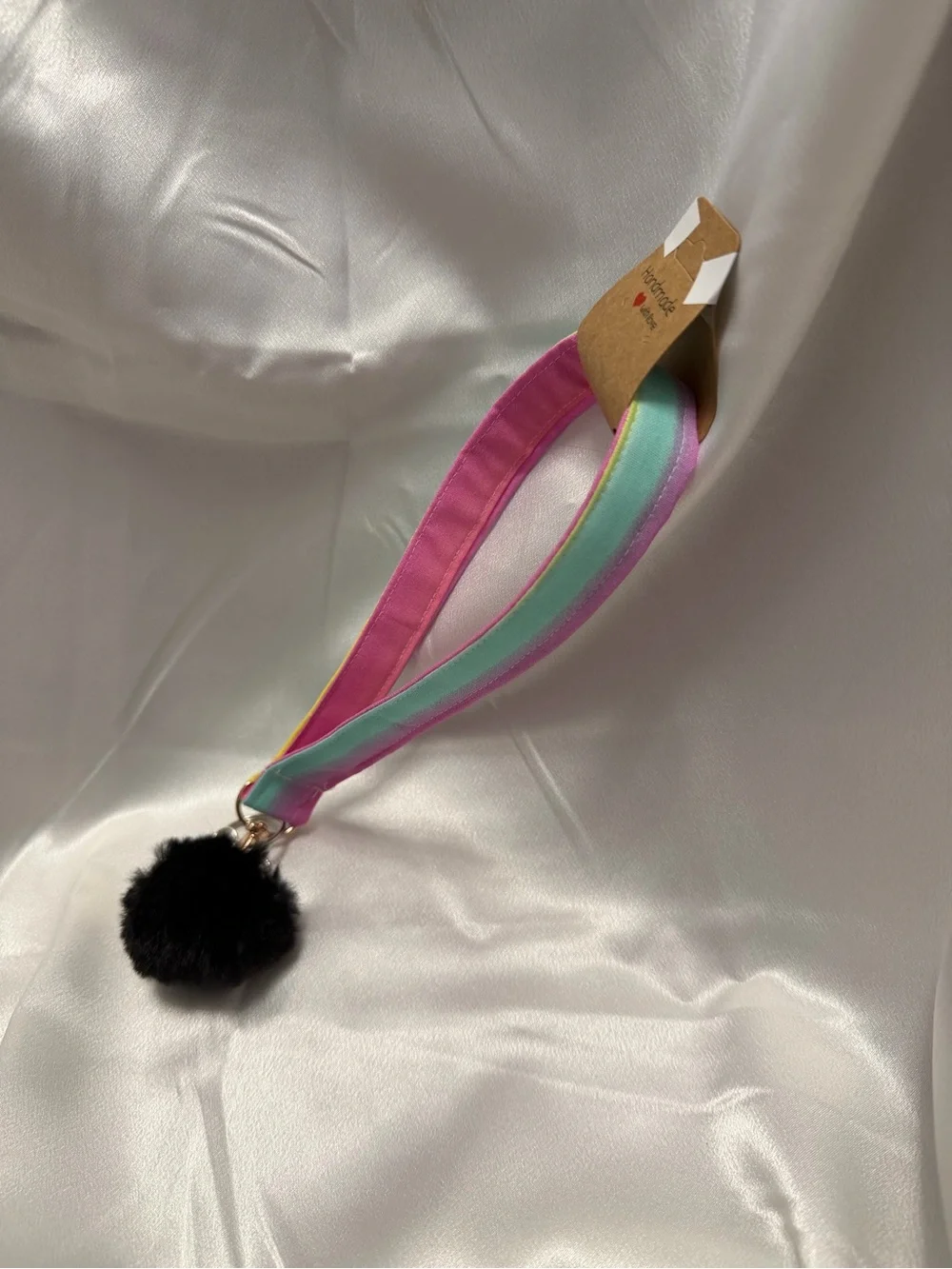 Handmade Rainbow Wristlet Keychain with Black Pompom